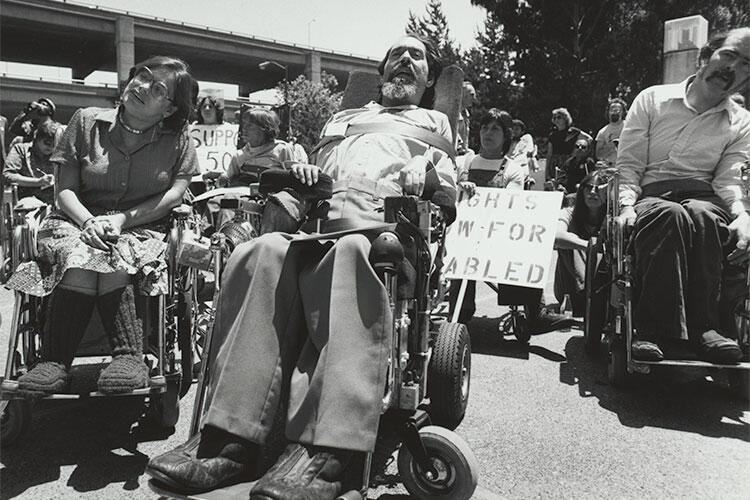 Judy Heumann and Ed Roberts join a 28-day San Francisco protest over housing discrimination in 1977.