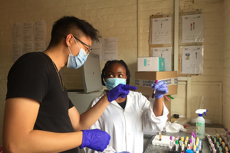 Andrew Kim examines the quality of blood collected during participant visits at the research site at Baragwanath Hospital in Johannesburg, South Africa. (Photo courtesy Andrew Kim)
