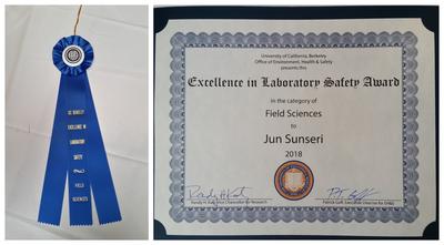  Certificate for Excellence in lab Safety, field Sciences, awarded to Jun Sunseri